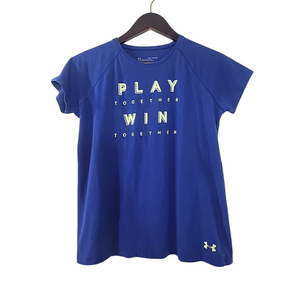 Under Armour Girls XL Loose Fit‎ Blue Graphic T Shirt Play Win Athletic